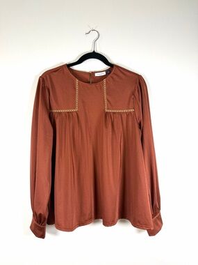 Cabana Life Rust Long-Sleeve Embroidered Yoke Blouse